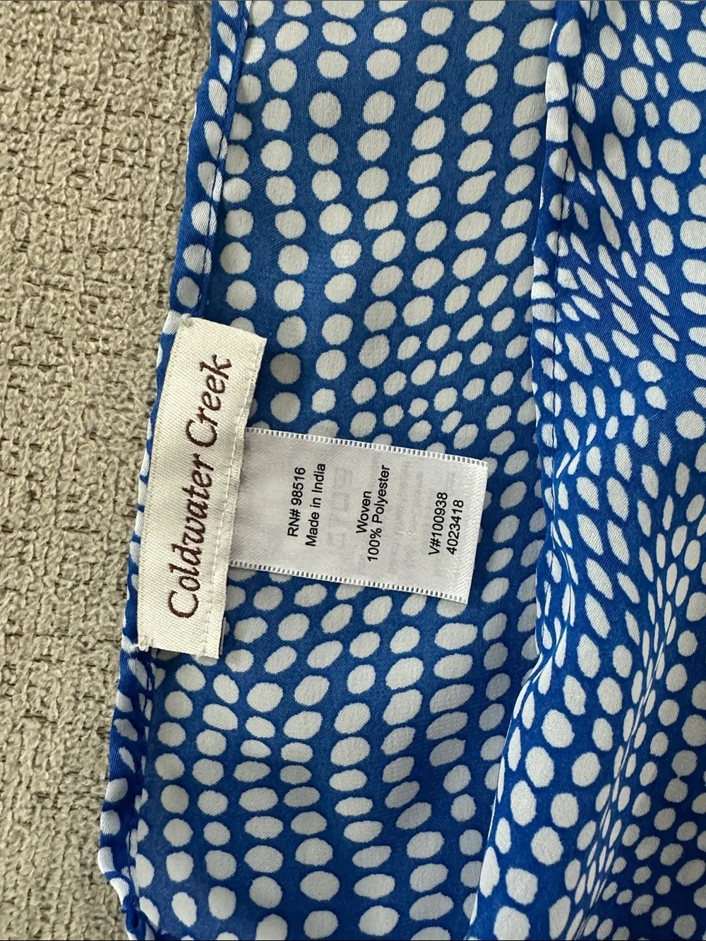 Coldwater Creek Blue and white polkadot scarf